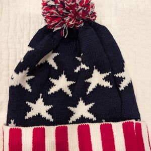 Blue and Red Knit Winter Beanie Hat with Pom-Pom